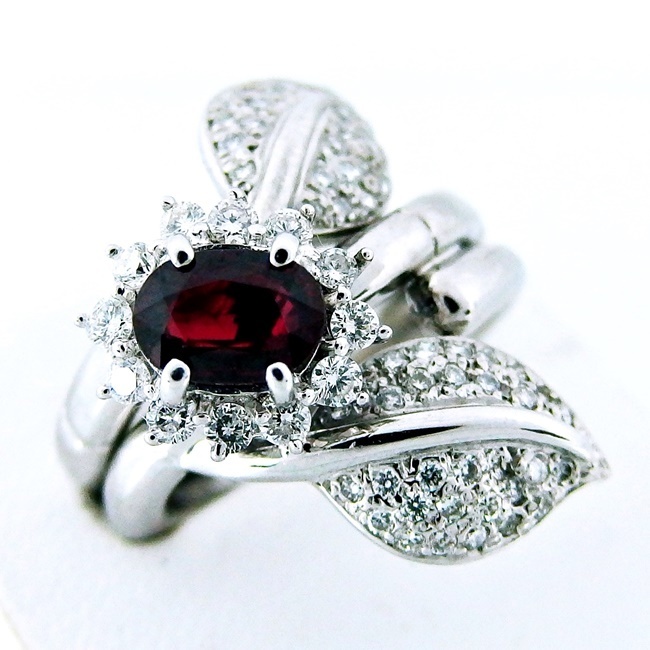 K18WG リング ルビー0.822ct ダイヤモンド0.96ct 植物モチーフ 10.5号