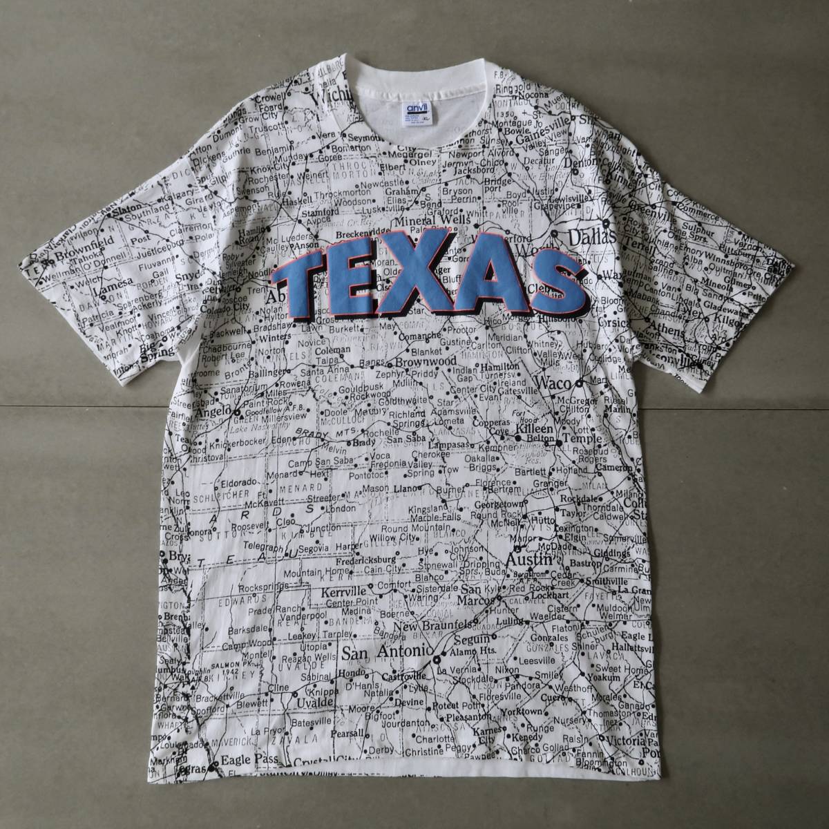 おそらくDEADSTOCK 90's TEXAS 全面ジオグラフィー＆3D発泡プリント クルーネックTシャツ 表記XL USA製/ビンテージテキサス地図総柄anvil