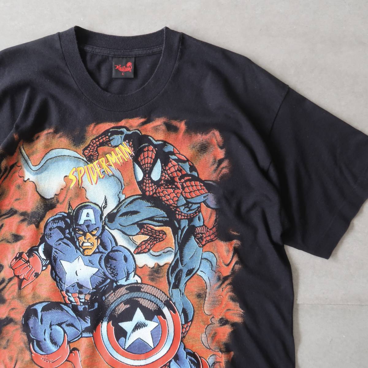 イタリア製 1997's MARVEL SPIDER-MAN スパイダーマン×キャプテンアメリカプリント クルーネックTシャツ L 黒/ビンテージマーベルヒーロー_画像4