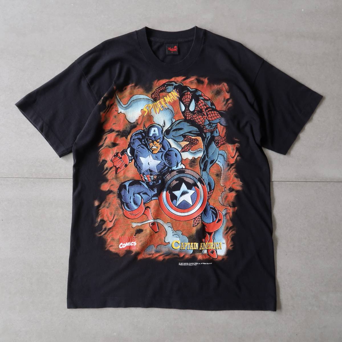 イタリア製 1997's MARVEL SPIDER-MAN スパイダーマン×キャプテンアメリカプリント クルーネックTシャツ L 黒/ビンテージマーベルヒーロー_画像2