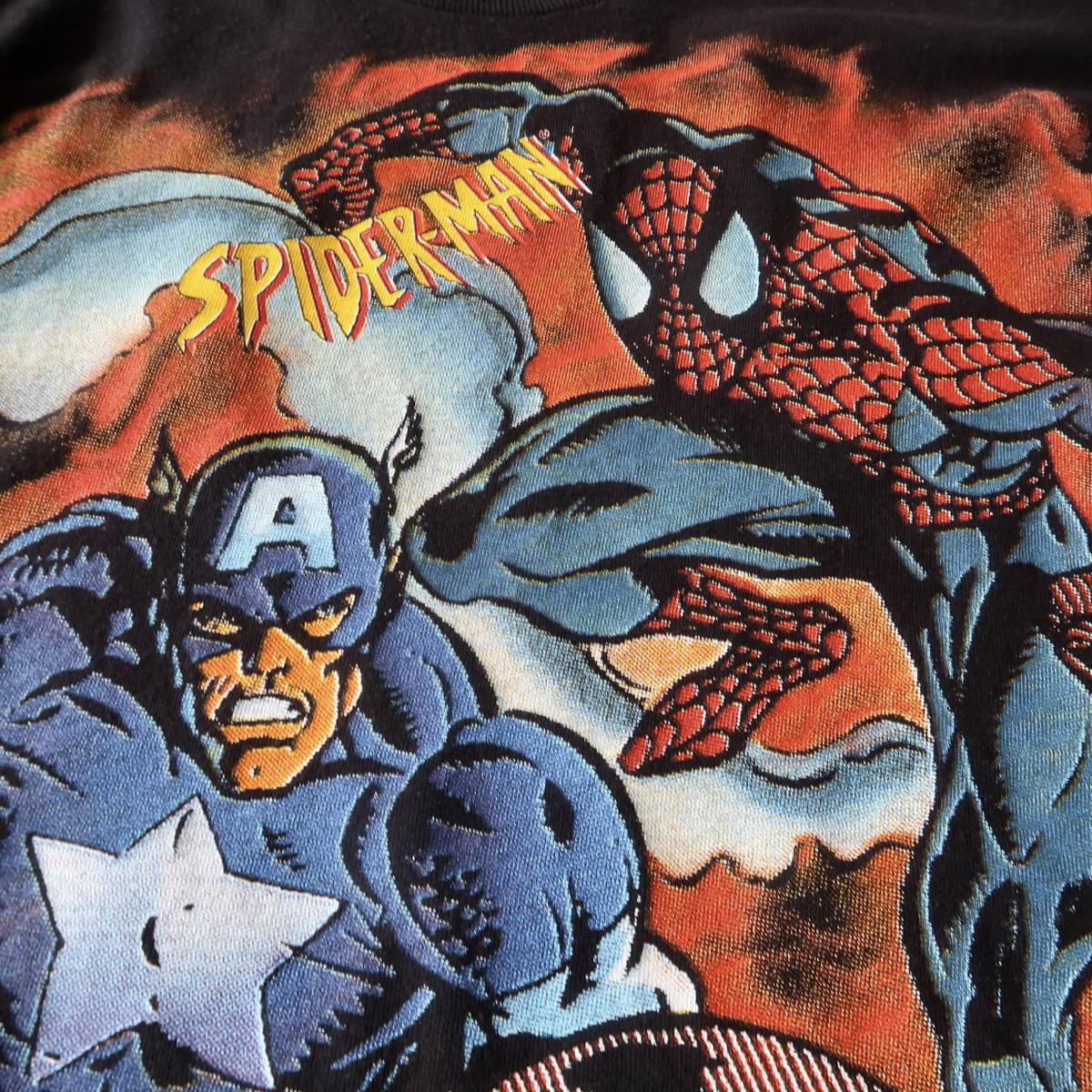 イタリア製 1997's MARVEL SPIDER-MAN スパイダーマン×キャプテンアメリカプリント クルーネックTシャツ L 黒/ビンテージマーベルヒーロー_画像5