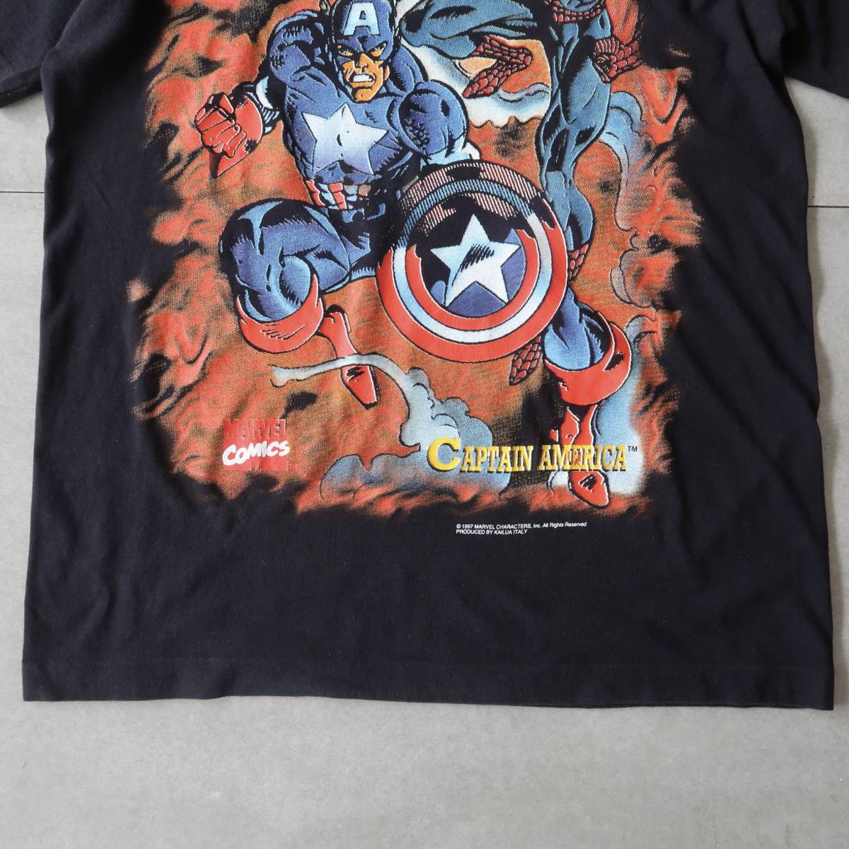 イタリア製 1997's MARVEL SPIDER-MAN スパイダーマン×キャプテンアメリカプリント クルーネックTシャツ L 黒/ビンテージマーベルヒーロー_画像6