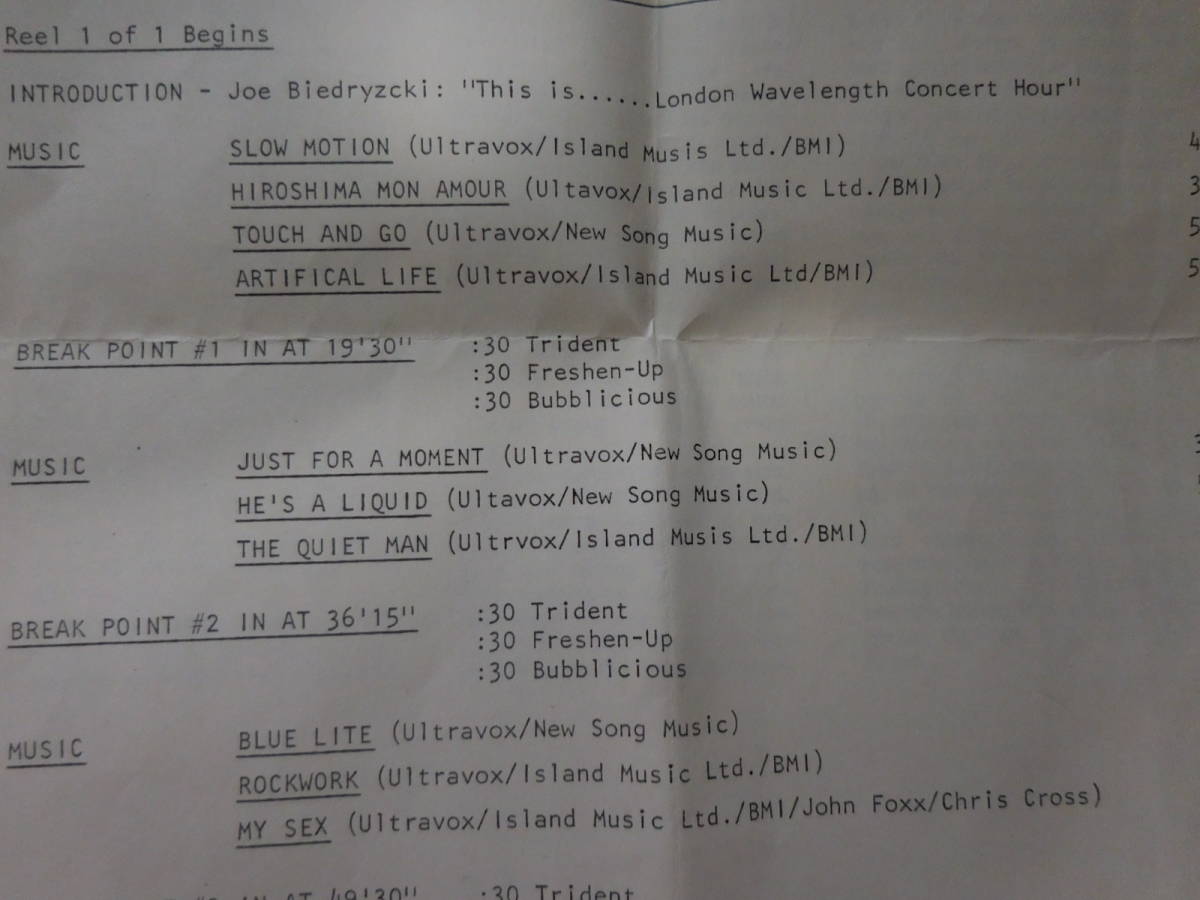 ULTRAVOX　ウルトラヴォックス／超貴重　世界に数本　BBC ROCK HOUR 未商品化1979年ライブ　本物の放送局仕様オープンリール　進行表_画像8