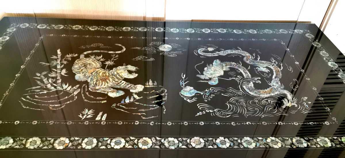 大型 豪華絢爛 高級 【龍虎図】 螺鈿細工 ガラス板 座卓 韓国漆塗 cnema.fr