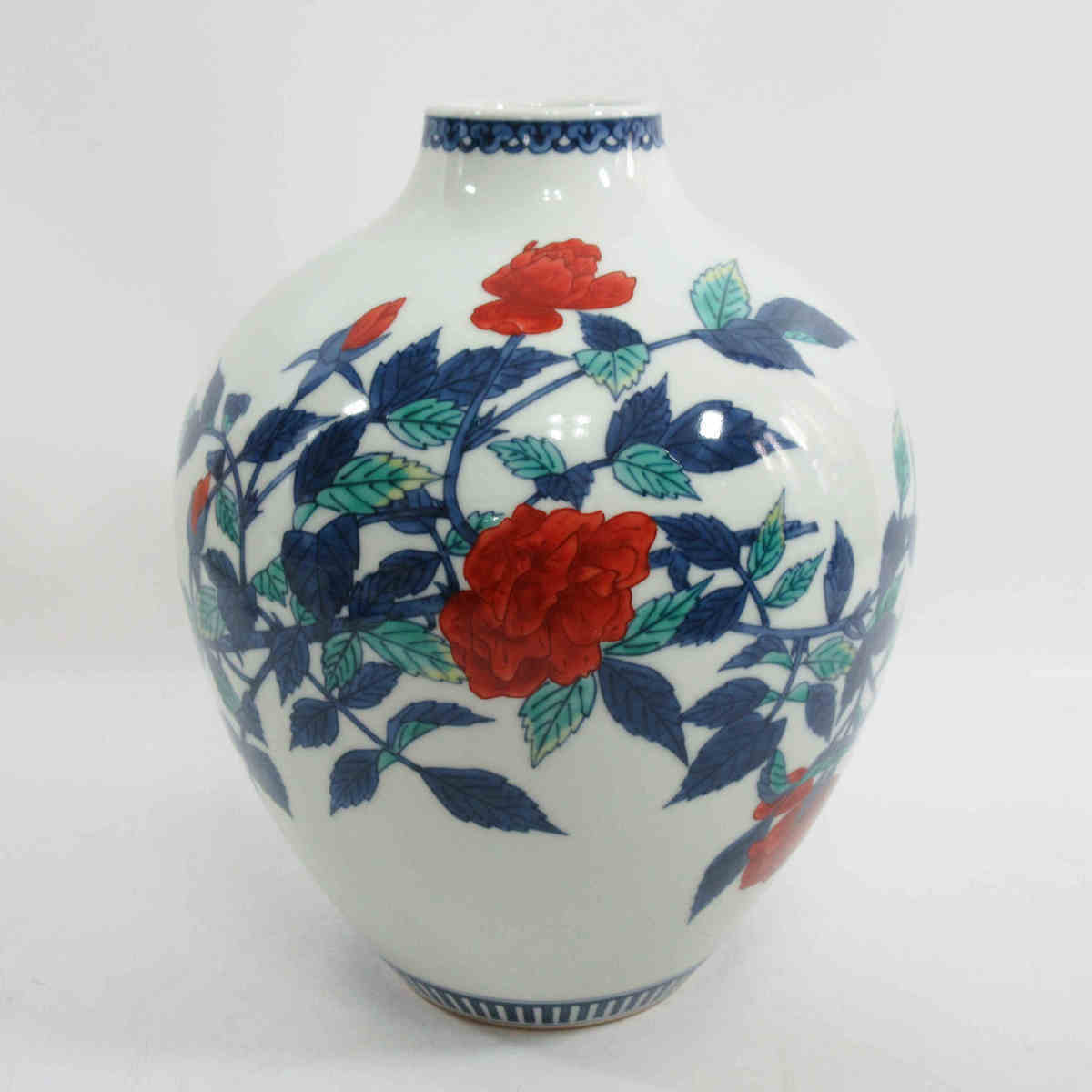 ■人間国宝 十三代 13代 今泉今右衛門(窯) 錦薔薇絵花瓶 共箱 H24cm バラ絵 花生 花入 茶道具 華道 l5_画像3