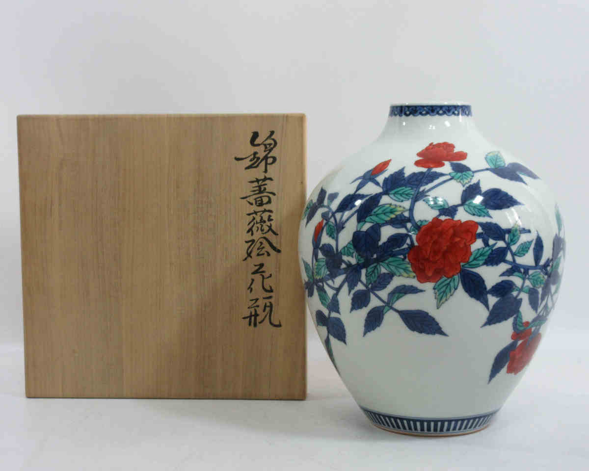 ■人間国宝 十三代 13代 今泉今右衛門(窯) 錦薔薇絵花瓶 共箱 H24cm バラ絵 花生 花入 茶道具 華道 l5_画像1