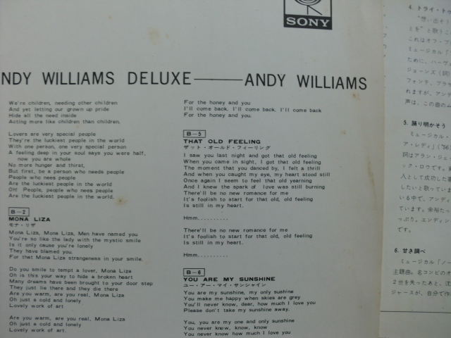 ＊【LP】アンディ・ウィリアムス／ANDY WILLIAMS DELUXE（SONX-60026）（日本盤）_画像6