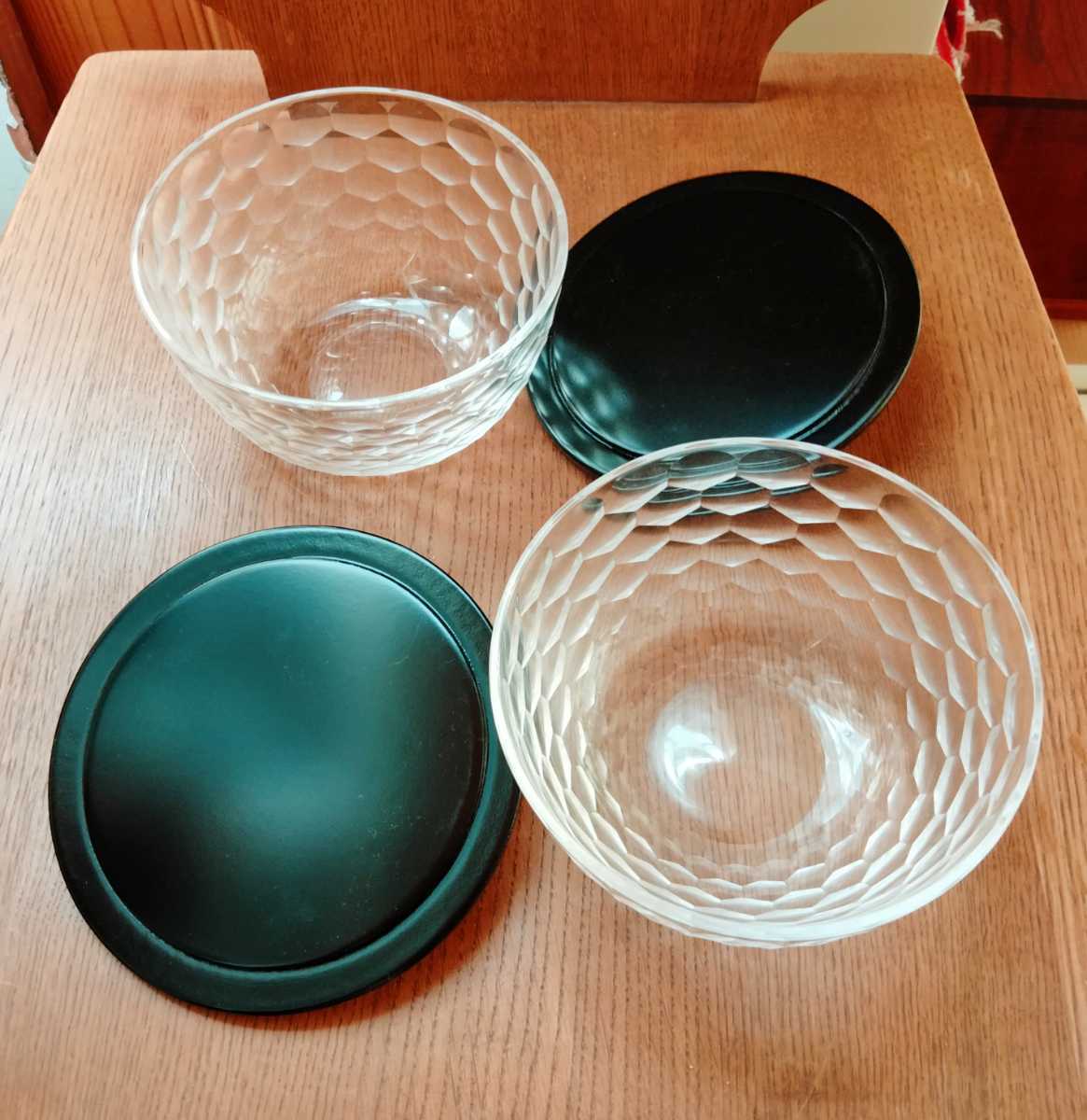 石目切子 石目ガラス 蓋付き 鉢 ボウル 2客セット ペア 漆塗 うるし塗