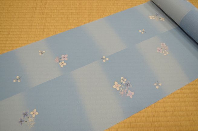 【送料無料】夏物　絹のようにしなやか　東レシルック　小紋反物　市松 草花　水色　kimono-shirukku-077