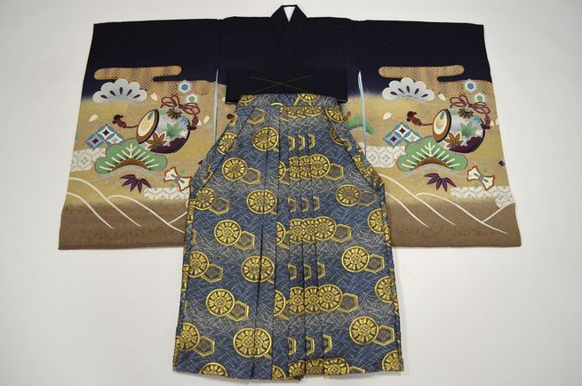 [ бесплатная доставка ] мужчина "Семь, пять, три" прекрасное качество hakama комплект сделано в Японии шнур внизу 56cm [3~5 лет для ] серый золотой . документ sama ngs-hakama-049