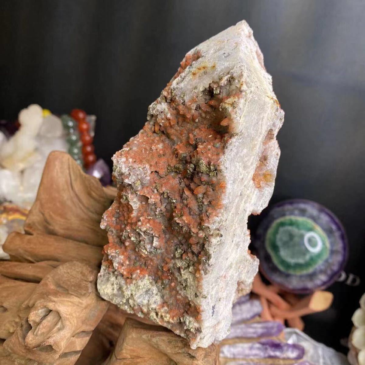 極希少 チャルコパイライト水晶柱 赤水晶 黄銅鉱 共生鉱物 特大 ジオード 美造型 美結晶 天然石 パワーストーン原石 