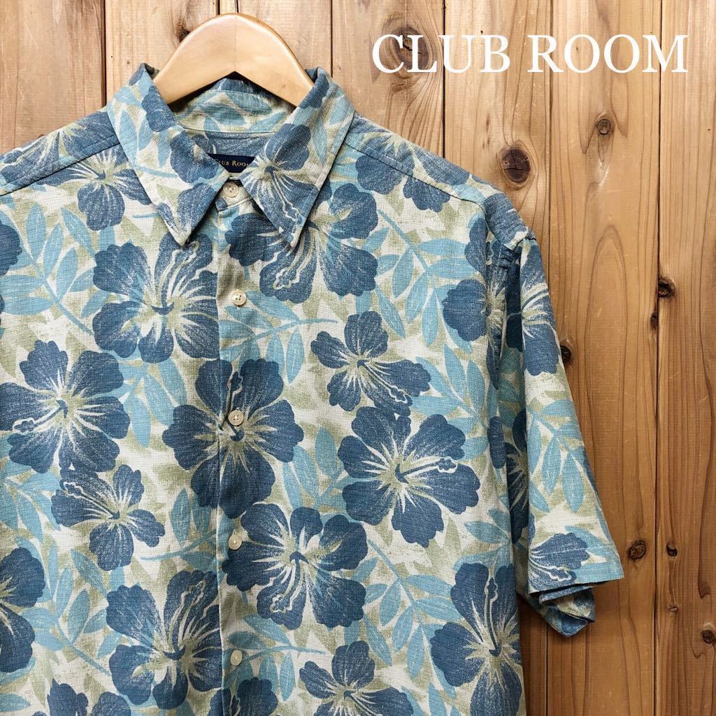 CLUB ROOM◇アロハシャツ シルクシャツ トップス 半袖 総柄 柄シャツ シルク100% ハイビスカス ハワイアン 涼感 USA古着 メンズL_画像1