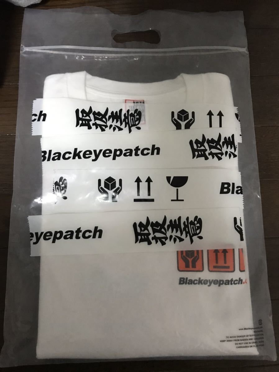 XL LHP別注 BlackEyePatch ブラックアイパッチ 取扱注意テープロゴ パックプリントTシャツ オーバーサイズ ビッグシルエット ホワイト