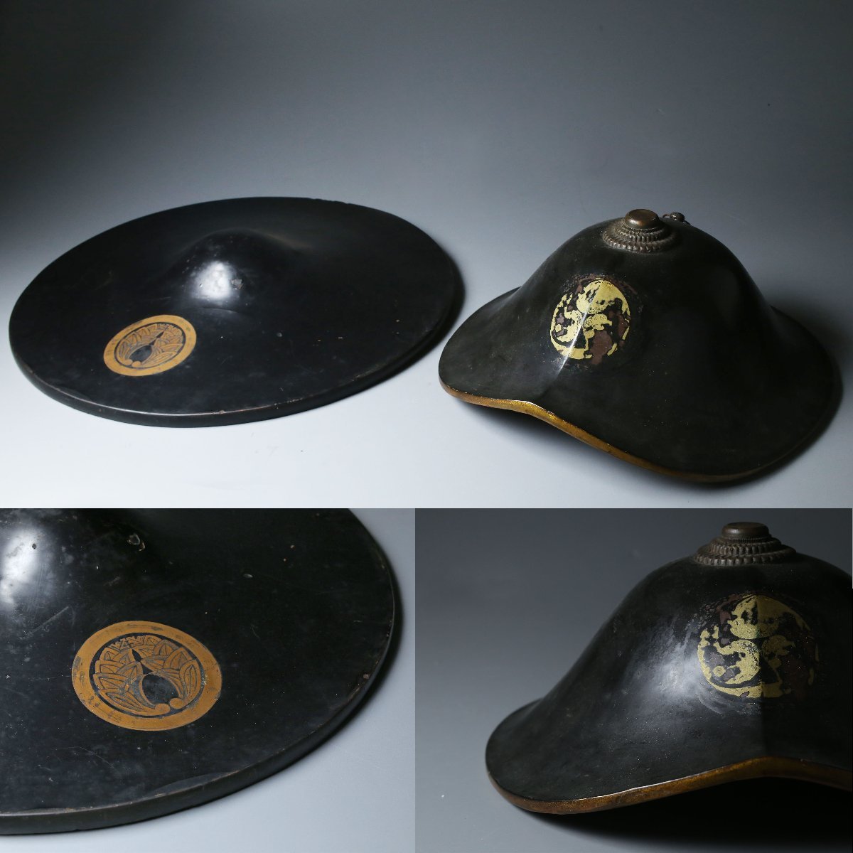 昊】時代武具 江戸期 堀尾家伝来 抱き茗荷紋 黒漆塗陣笠 結城 昊】時代武具 江戸期 堀尾家伝来 抱き茗荷紋 黒漆塗陣笠 結城