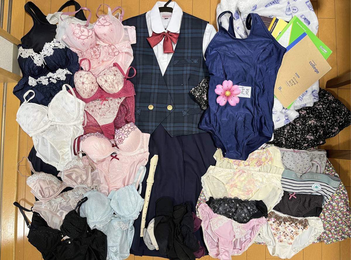*eco女の子タンス整理品女子高校生*ブラショーツ パンツ 制服 リコーダー スクール水着 パジャマ ノート類 靴下 私服 処分品 訳あり