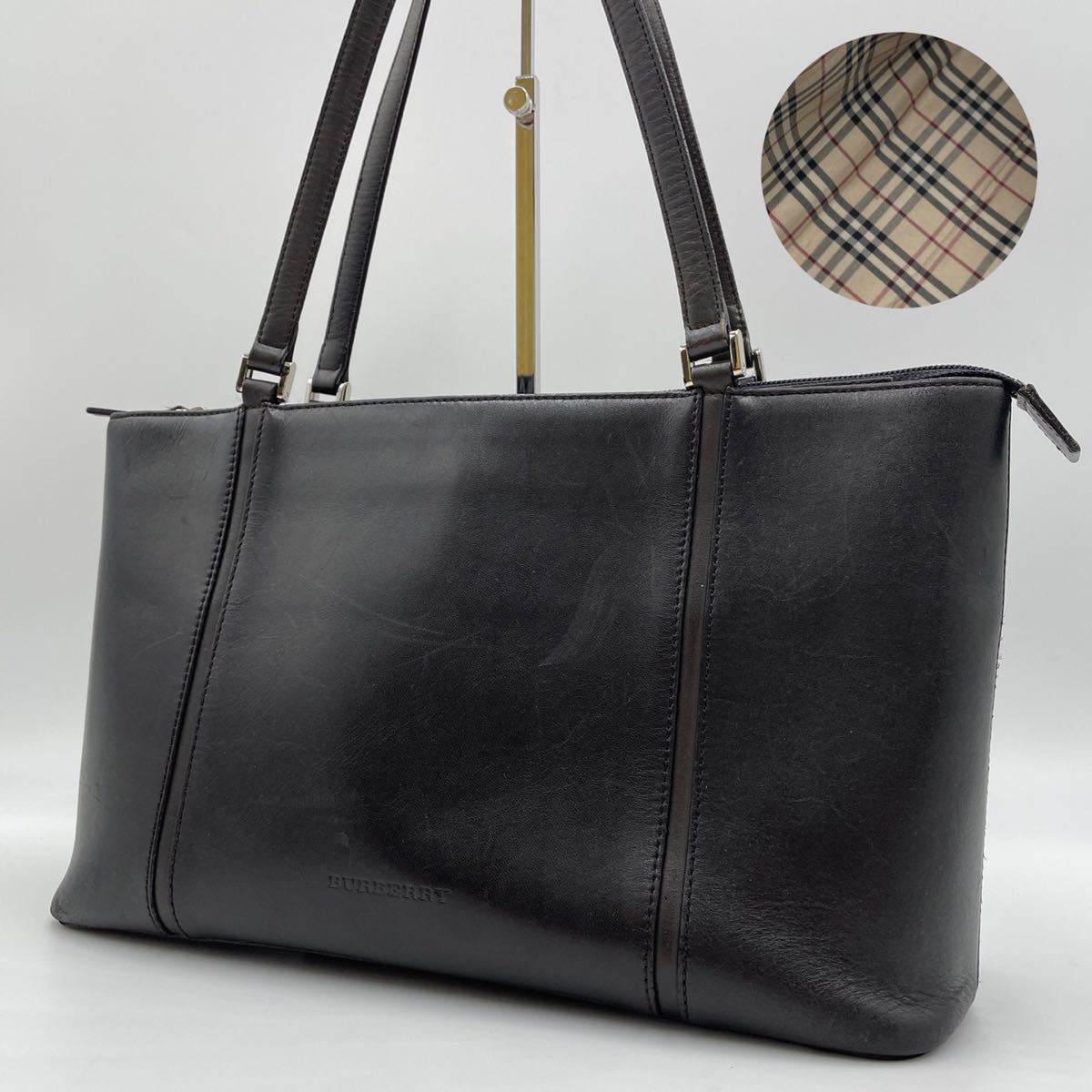 極 美品 レア バーバリー ノバチェック レザー トートバッグ