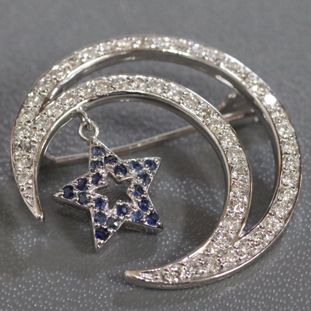 K18WG diamond sapphire brooch D1.0 S0.15 6.0g