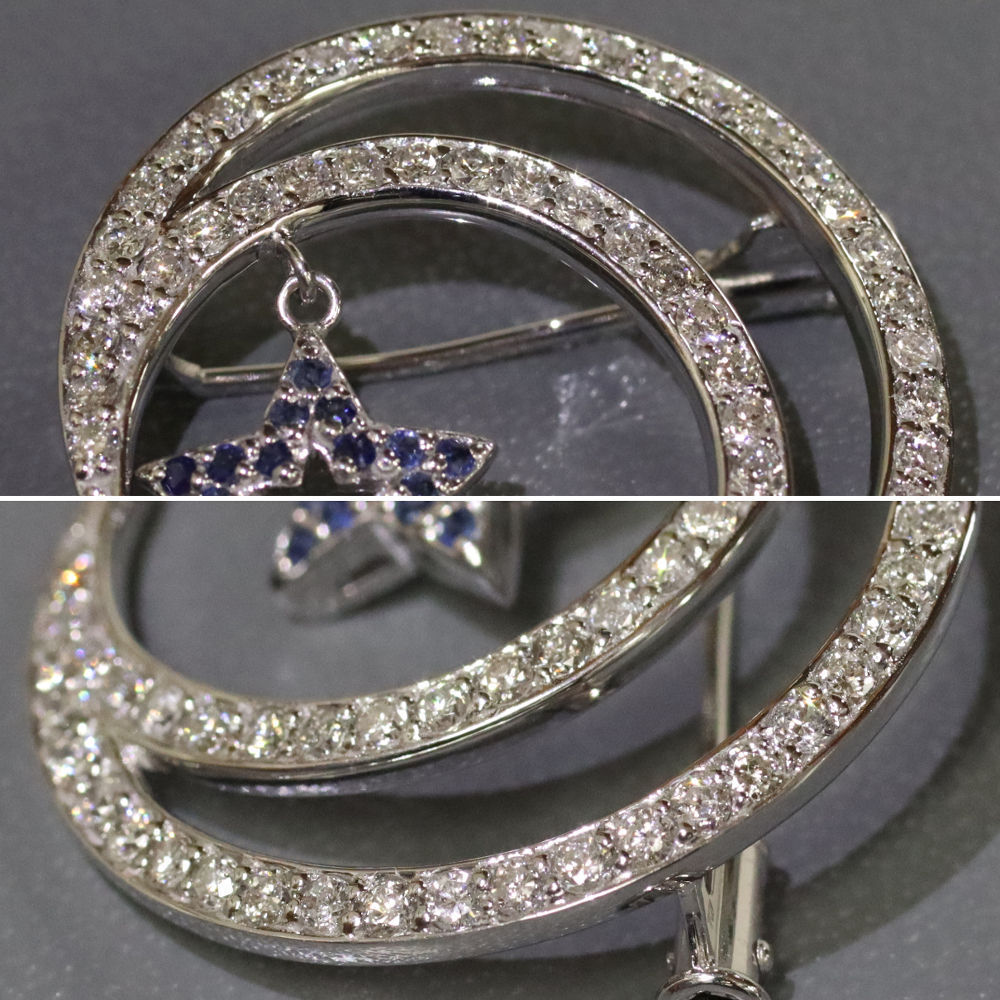 K18WG diamond sapphire brooch D1.0 S0.15 6.0g