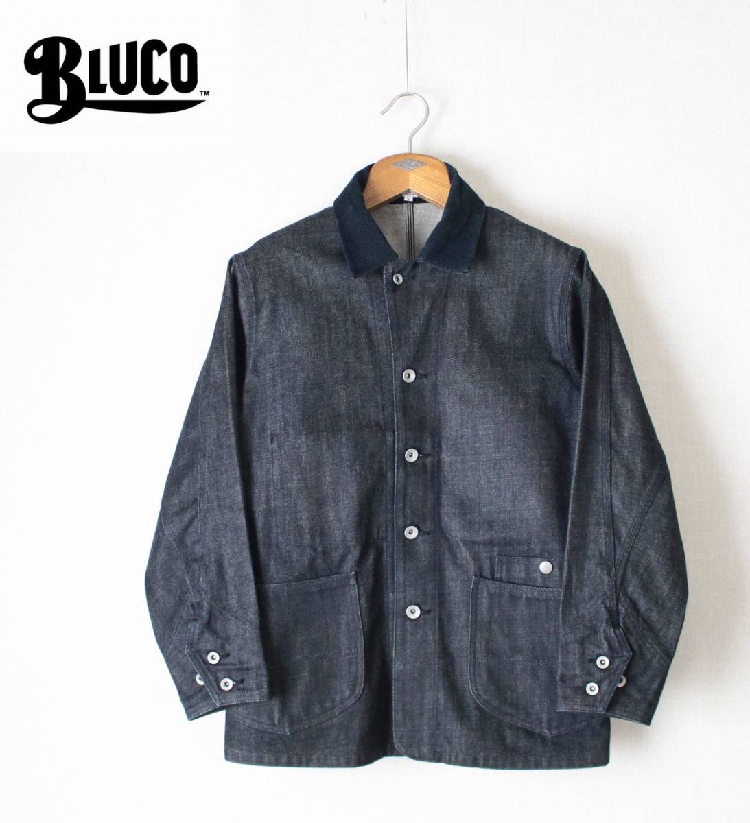 【 BLUCO ブルコ 】インディゴ デニム WORK COAT ワークコート Sサイズ 濃紺 OL-070 定価\19,800 カバーオール ジャケット 襟コーデュロイ_画像1