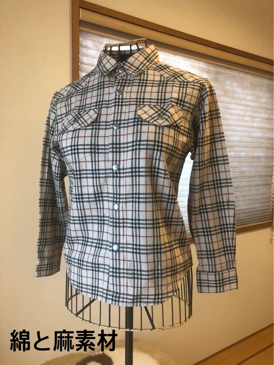 美品本物バーバリーBurberry上質コットン麻チェック柄シャツ レアもの
