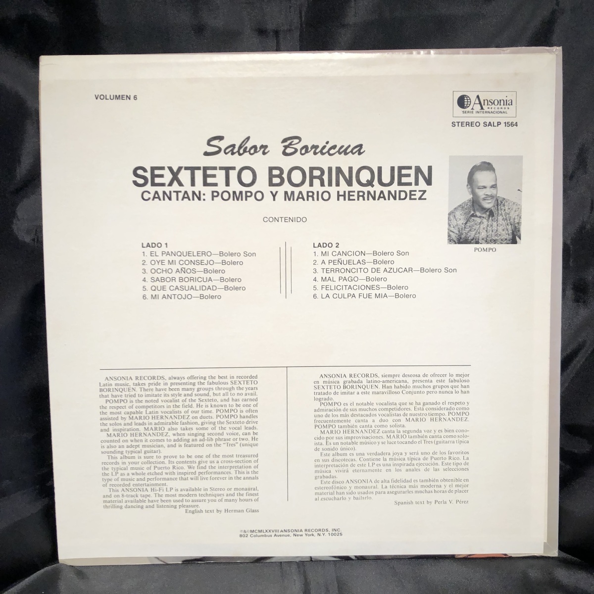 Sabor boricua by Sexteto Borinquen Vol. 6 LP ANSONIA RECORDS_画像2