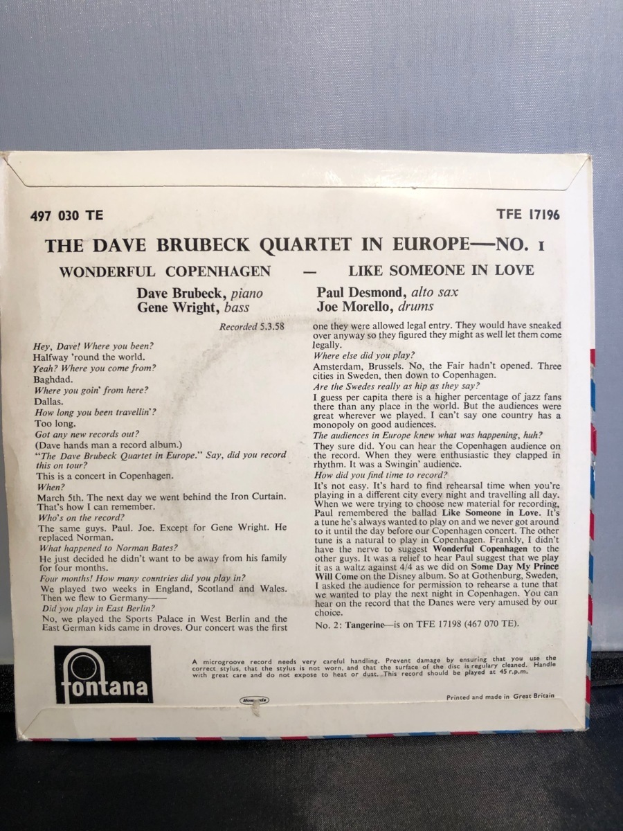 THE DAVE BRUBECK QUARTET IN EUROPE-NO.1 7inch　FONTANA_画像2