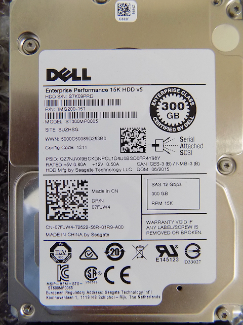 Dell SAS HDD 2.5インチ 300GB 12Gbps RPM:15K Seagate 07FJW4 ST300MP0005 中古動作品 _画像3