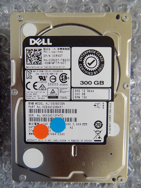 Dell SAS HDD 2.5インチ 300GB 12Gbps RPM:15K Toshiba 00RVDT AL13SXB30EN 中古動作品 _画像3