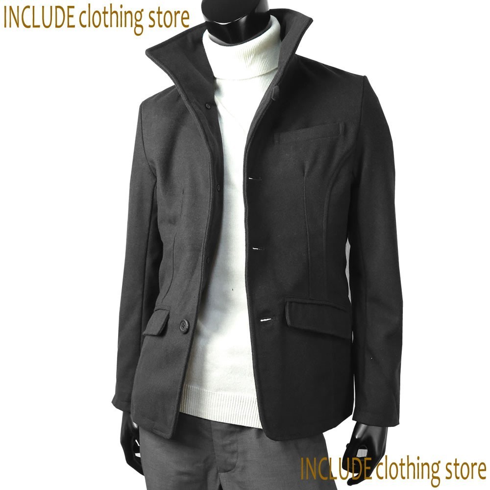 メルトン ウール イタリアン カラー ジャケット 立ち襟 カジュアル スーツ メンズ 黒 L 送料込