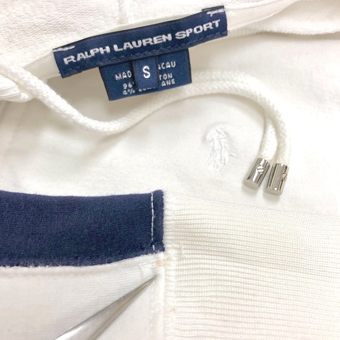 RALPH LAUREN SPORT ラルフローレン S メンズ(レディース？) スウェット ジップパーカー 裏毛 ロゴ刺繍 半袖 綿×ポリウレタン 白系×紺_画像3