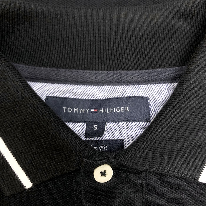 TOMMY HILFIGER トミーヒルフィガー S メンズ ポロシャツ スリムフィット 鹿の子 ボーダー 半袖 綿100% ブラック×オフホワイト 黒_画像3