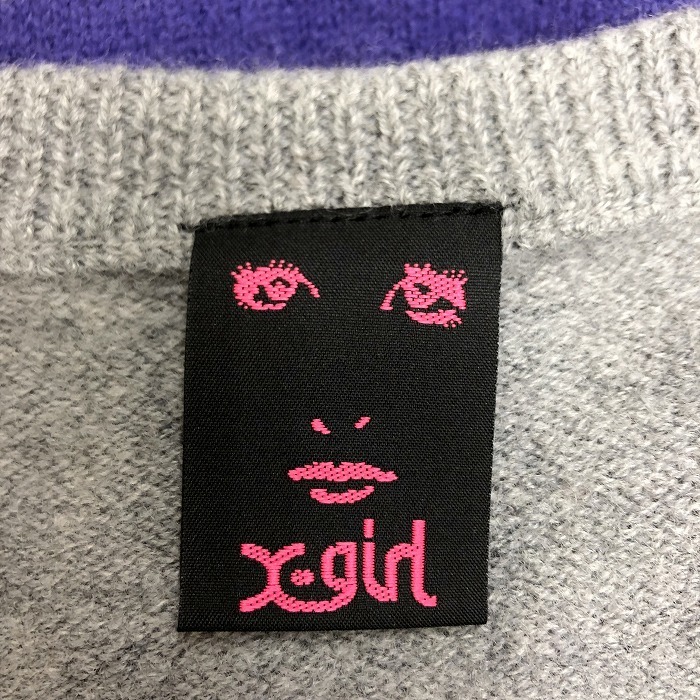 X-girl エックスガール 2 レディース ニット カーディガン ボーダー Vネック ロゴ刺繍 ボタン留め 長袖 ウール100% ヘザーグレー×パープル_画像3