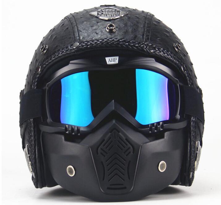 ハーレーヘルメット バイクヘルメット ジェットヘルメット PUレザー バイザー付き ゴーグル マスク付 カラー:E サイズ:L_画像2
