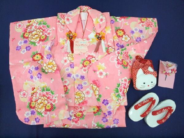 定期入れの 七五三 三歳女児正絹被布コートセット ピンク×ピンク ネコ