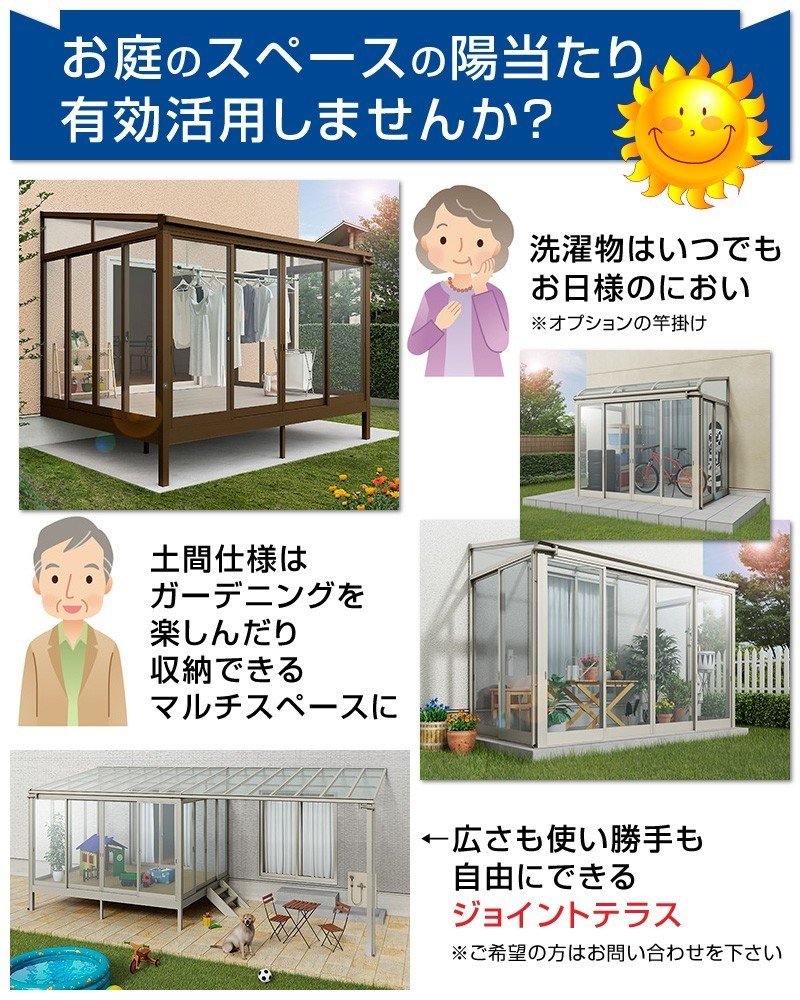 テラス囲いフラット屋根タイプ 間口2.5間4550ｍｍ×出幅4尺1170ｍｍ 正面側面ガラス窓付き ノーマルサッシ プラデッキ床仕様 送料無料_画像2