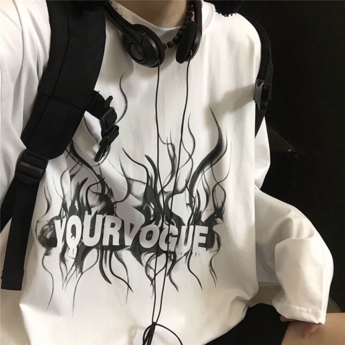 春服 長袖 Tシャツ 個性的 デザイン 病み 炎 ロゴ ビックシルエット 韓国