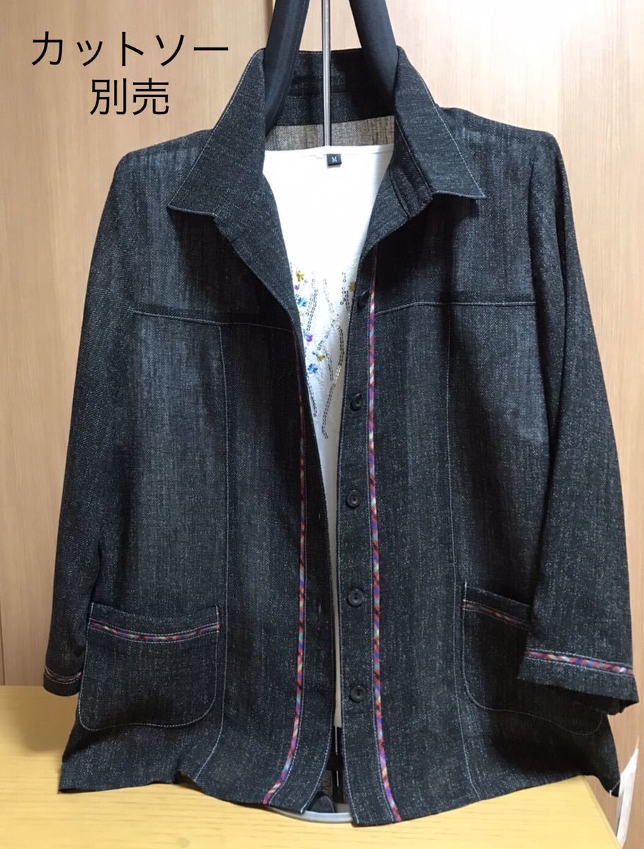 [新品] 激安・在庫処分　L　レディースブラウス　ミセスジャケット　婦人ブラウス デニム調ジャケット　9分袖　日本製　黒ミックス色