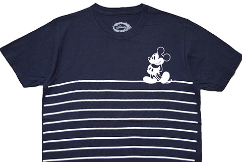 【M】 ディズニー ミッキーマウス キャラクター Tシャツ ボーダー柄 メンズM ネイビー 紺色 ディズニーランド Disney 古着 BA3378