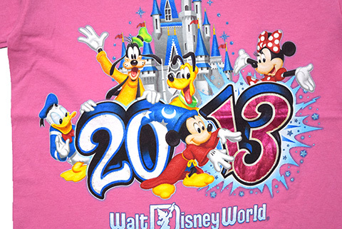 【S】 ディズニー ファンタジア キャラクター Tシャツ メンズS ピンク ミッキーマウス ミニーマウス Disney ディズニーランド 古着 BA3384