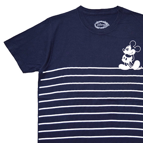【M】 ディズニー ミッキーマウス キャラクター Tシャツ ボーダー柄 メンズM ネイビー 紺色 ディズニーランド Disney 古着 BA3378