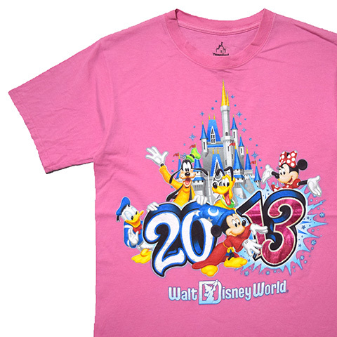 【S】 ディズニー ファンタジア キャラクター Tシャツ メンズS ピンク ミッキーマウス ミニーマウス Disney ディズニーランド 古着 BA3384