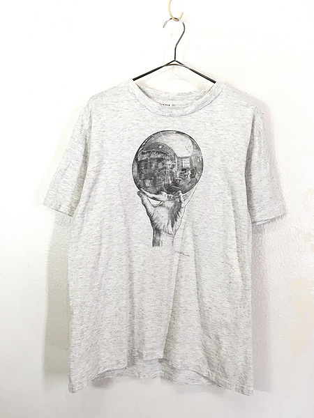 古着 90s USA製 M.C. Escher エッシャー 「写像球体を持つ手」 オールド だまし絵 アート Tシャツ XL 古着