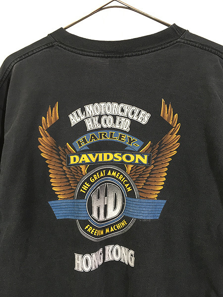 古着 90s USA製 HARLEY DAVIDSON 「HONG KONG」 ウィング シールド Tシャツ L 古着_画像4