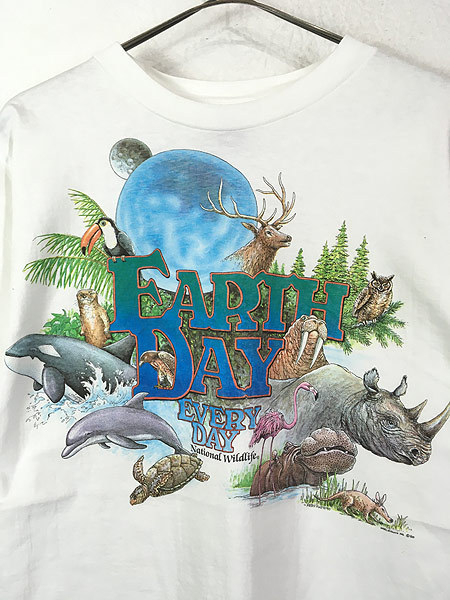 古着 90s USA製 「EARTH DAY」 リアル アニマル プリント Tシャツ L 古着_画像2