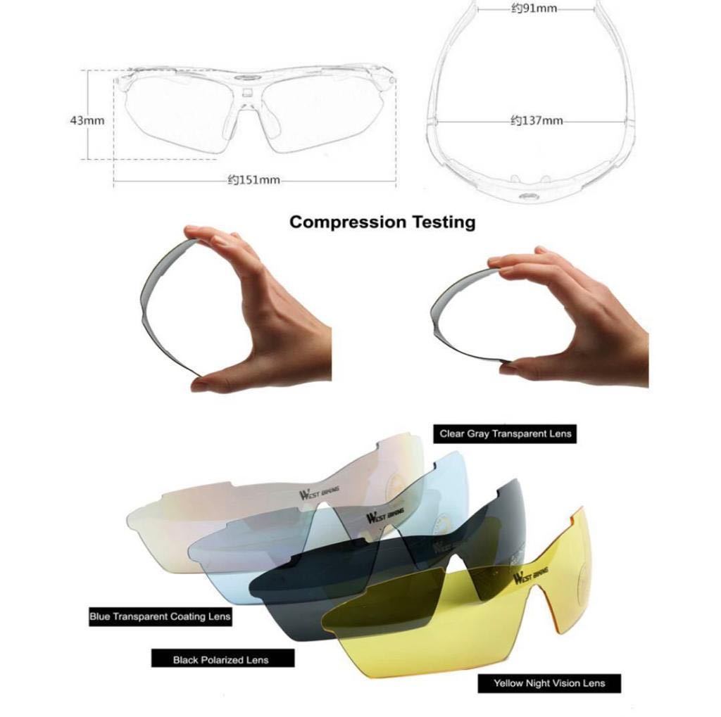 WESTBIKINGバイクサングラス,スポーツサングラス,偏光レンズ5個付き交換レンズ 紫外線カット