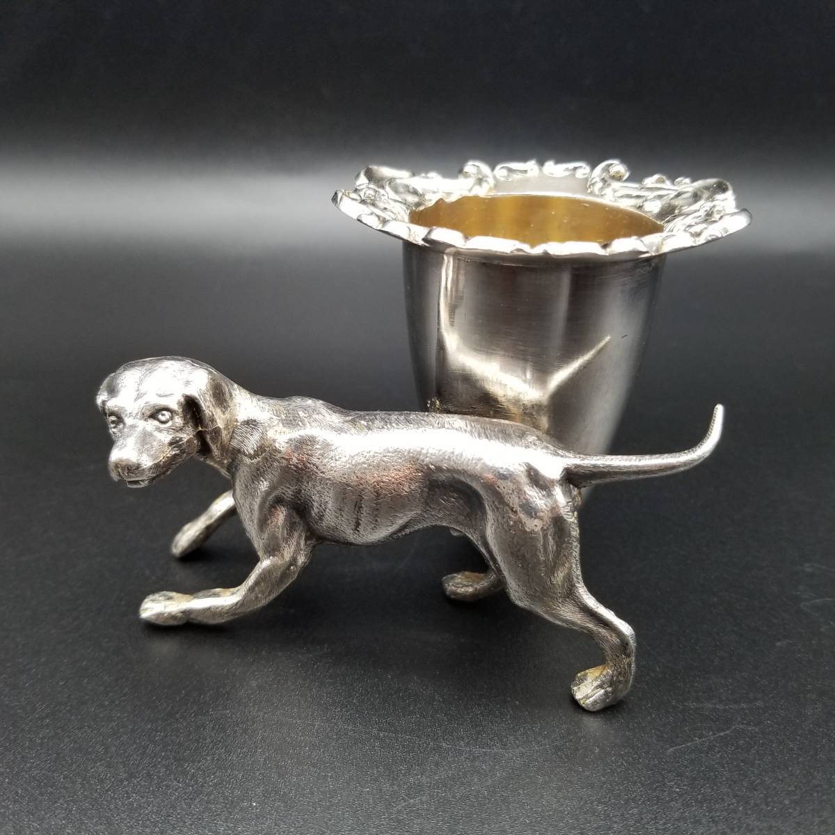 19世紀後半 米国 アンティーク Barbour Silver Co. シルバーメッキ マッチ 爪楊枝 ホルダー 銀メッキ 彫金 犬 ドッグ デザイン 食器 カップ