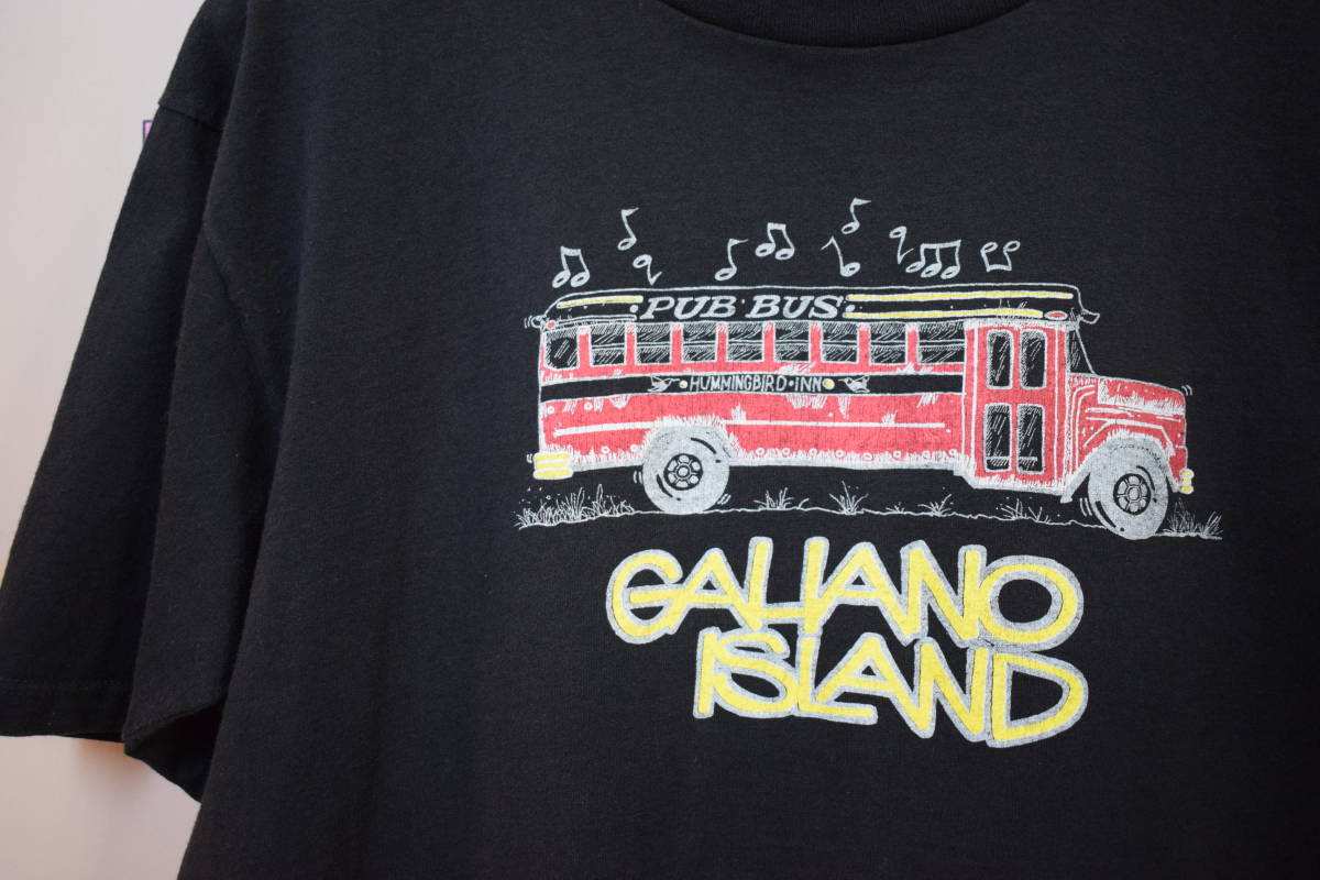 グッドプリント90SビンテージGILDANボディGALIANO ISLANDガリアーノ島プリントTシャツ黒LオールコットンPUB BUSパブバス美品h21401_画像2