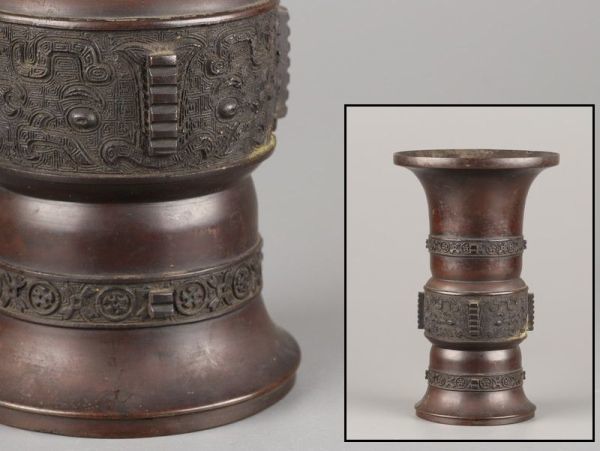 中国古玩 唐物 古銅造 饕餮文 尊式 花瓶 時代物 極上品 初だし品 4681