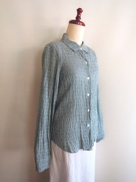 Agnis B Agnes B CF42 vi si- check long sleeve shirt krepon cotton stretch green group × white size 38