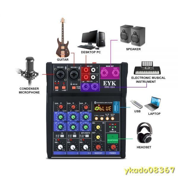 OL081:* popular * stereo audio mixer built-in wireless microphone 4 channel mixing console Bluetooth USB effect DJ karaoke PC